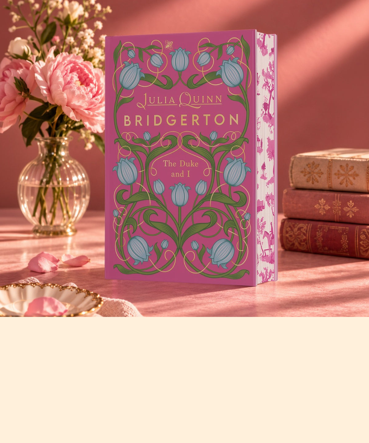 Bridgerton: The Duke and I by Julia Quinn, surrounded by pink peonies and vintage books in warm sunlight.