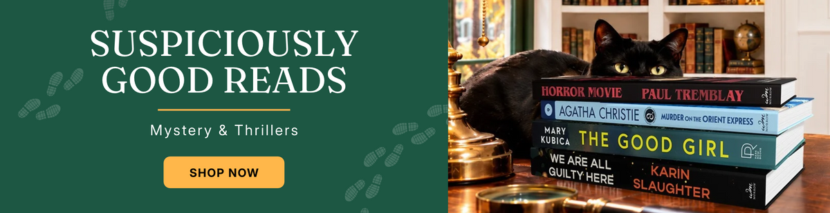 Suspiciously Good Reads: Mystery & Thrillers. A black cat peeks over a stack of mystery novels in a cozy library. Shop now.
