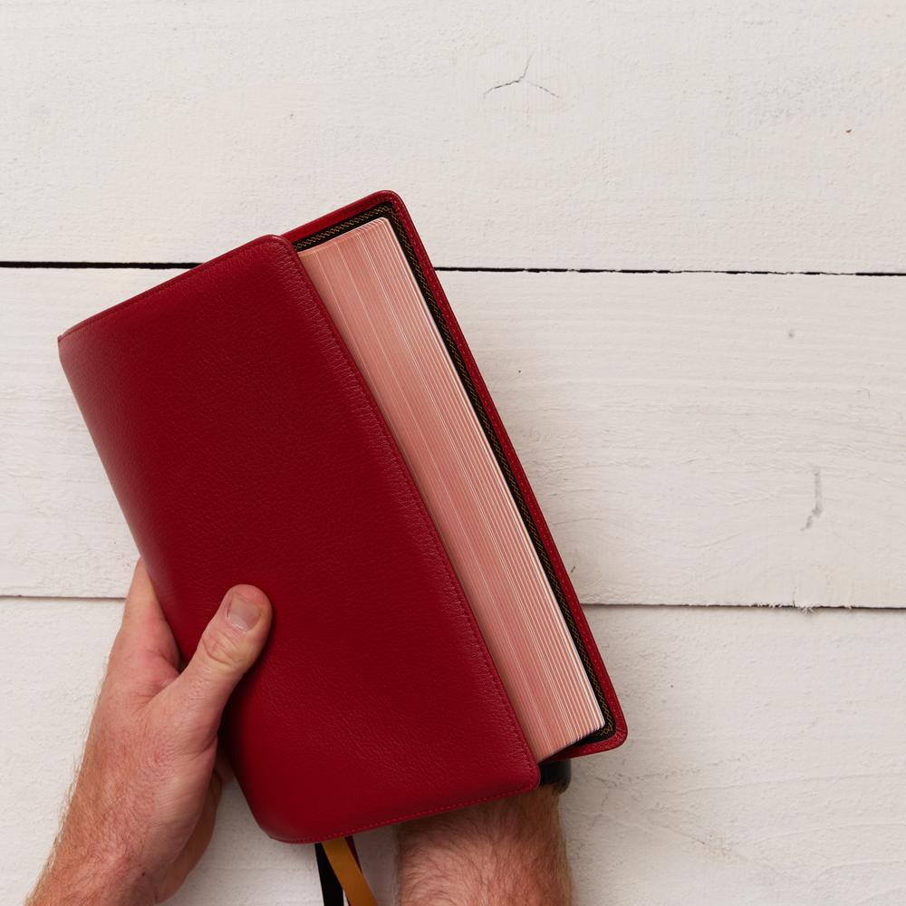 KJV, Personal Size Large Print Single-Column Reference Bible, Premium Goatskin Leather, Red, Premier Collection, Red Letter, Comfort Print