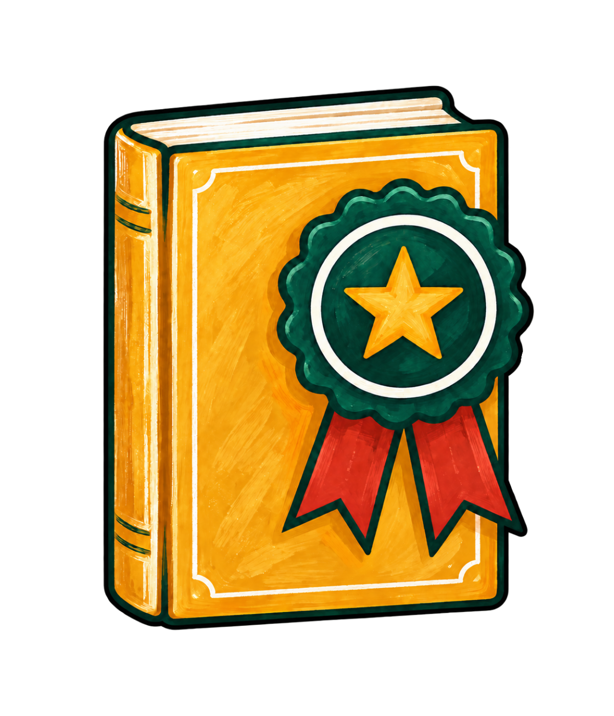 Gold book with a green award ribbon and star badge