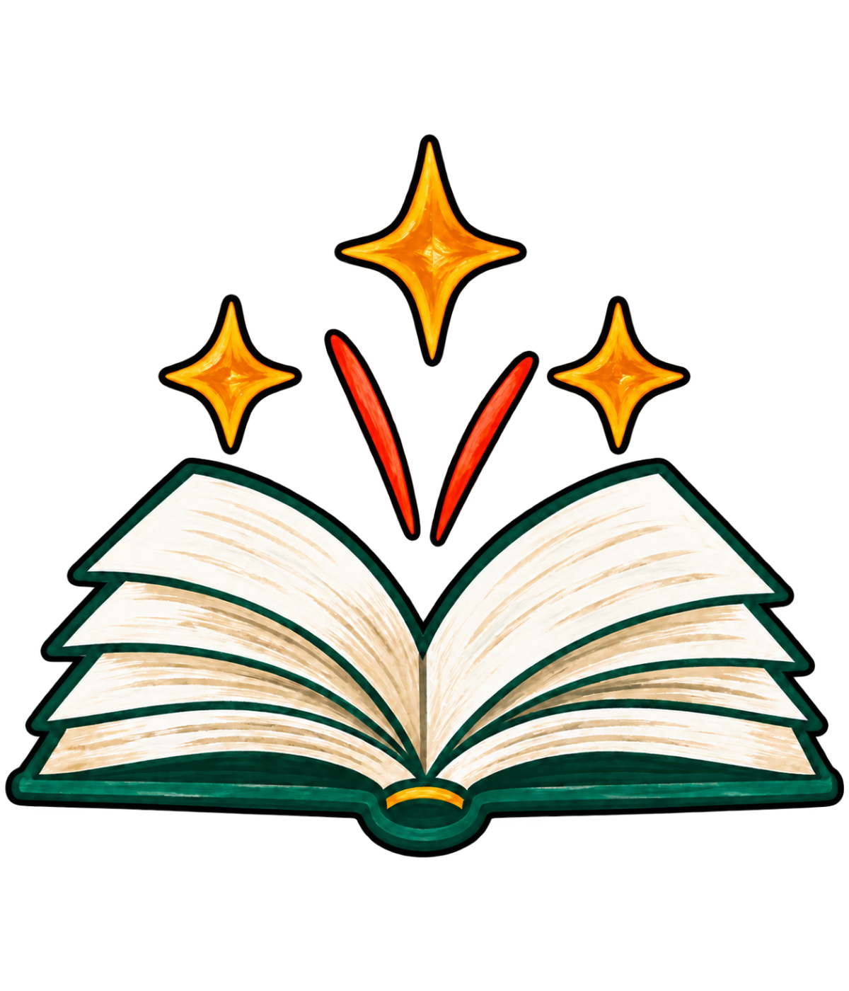 Open book with golden sparkles rising from its pages