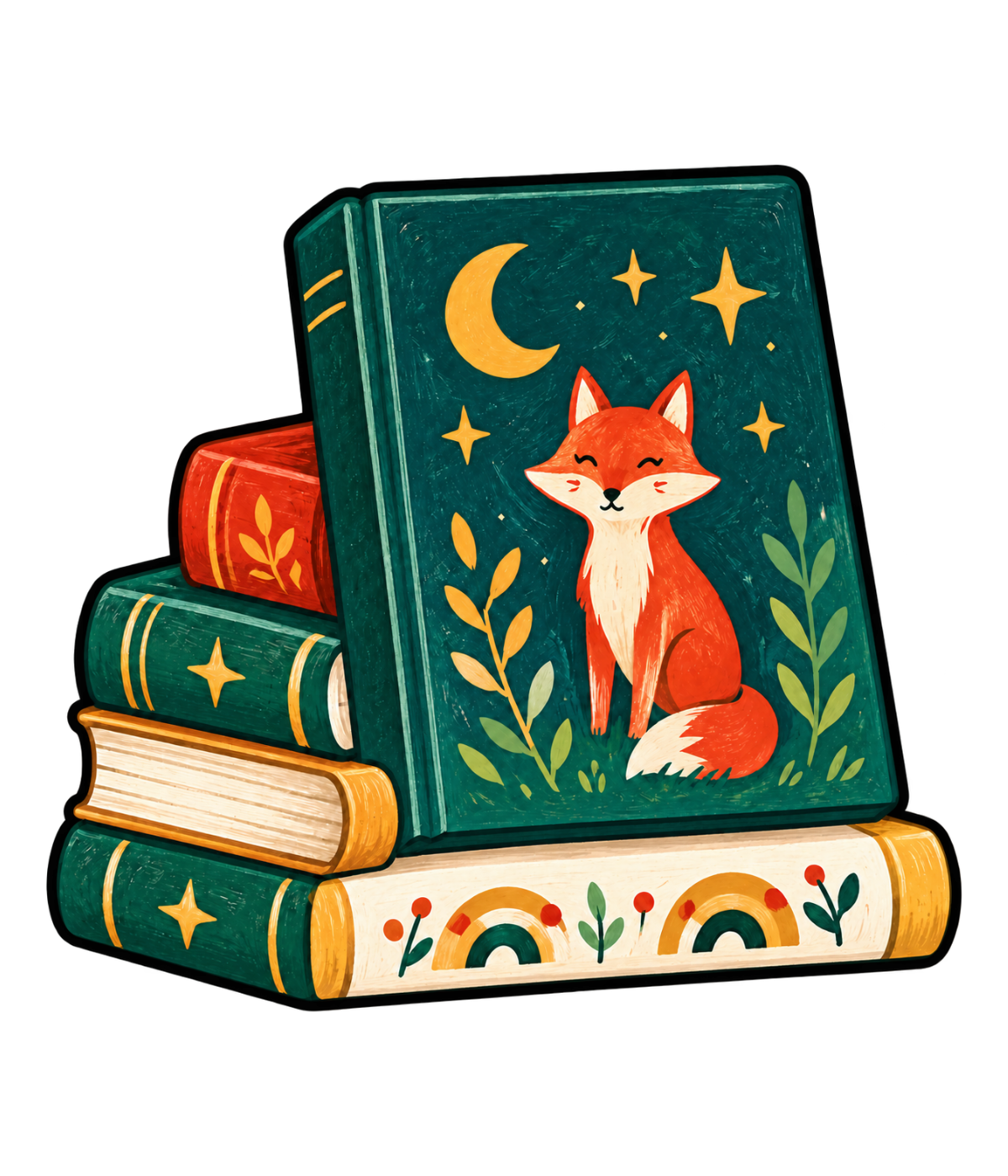 Stack of books for kids with rainbows and a fox under a moon