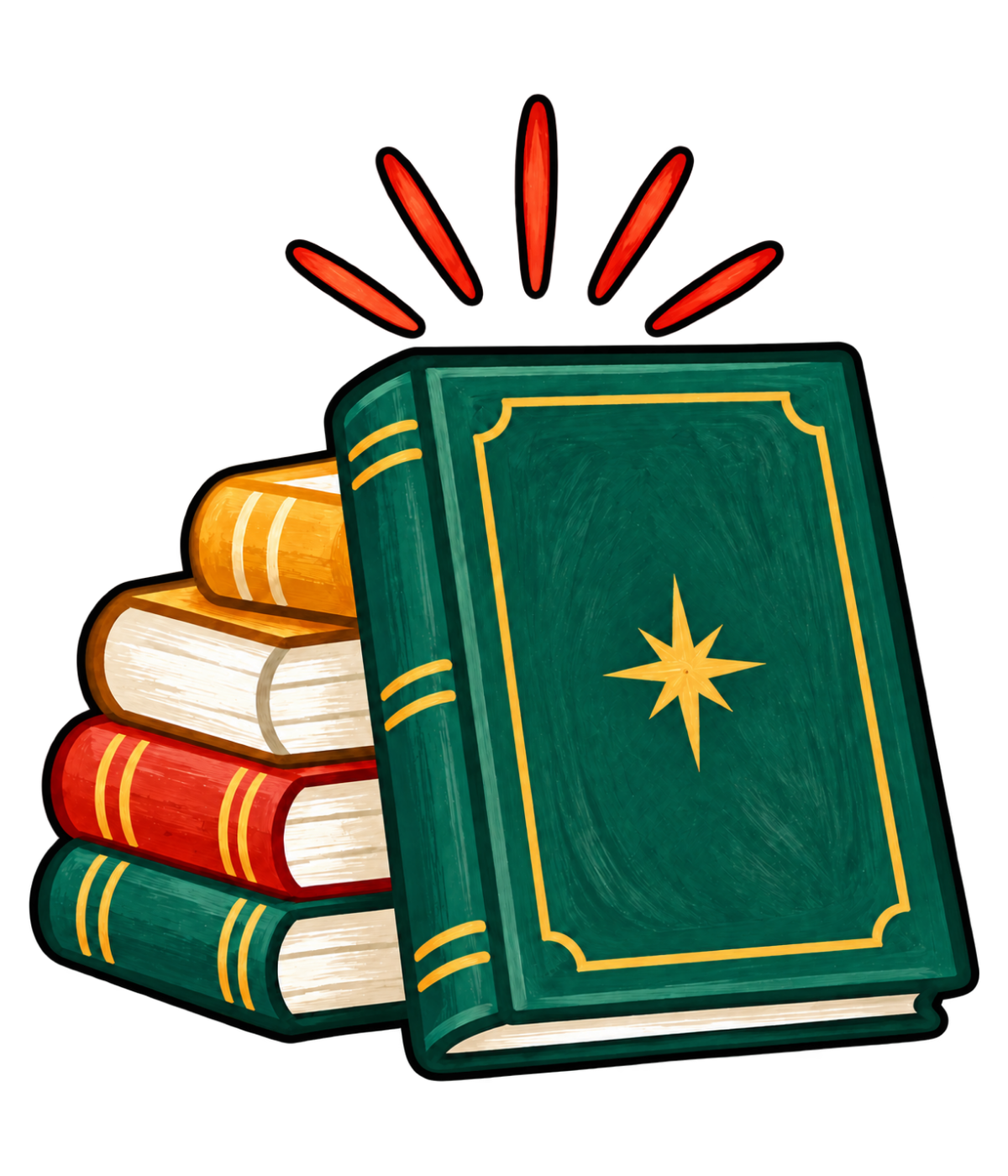 Stack of colorful books with a green book on top and bursts of light around it