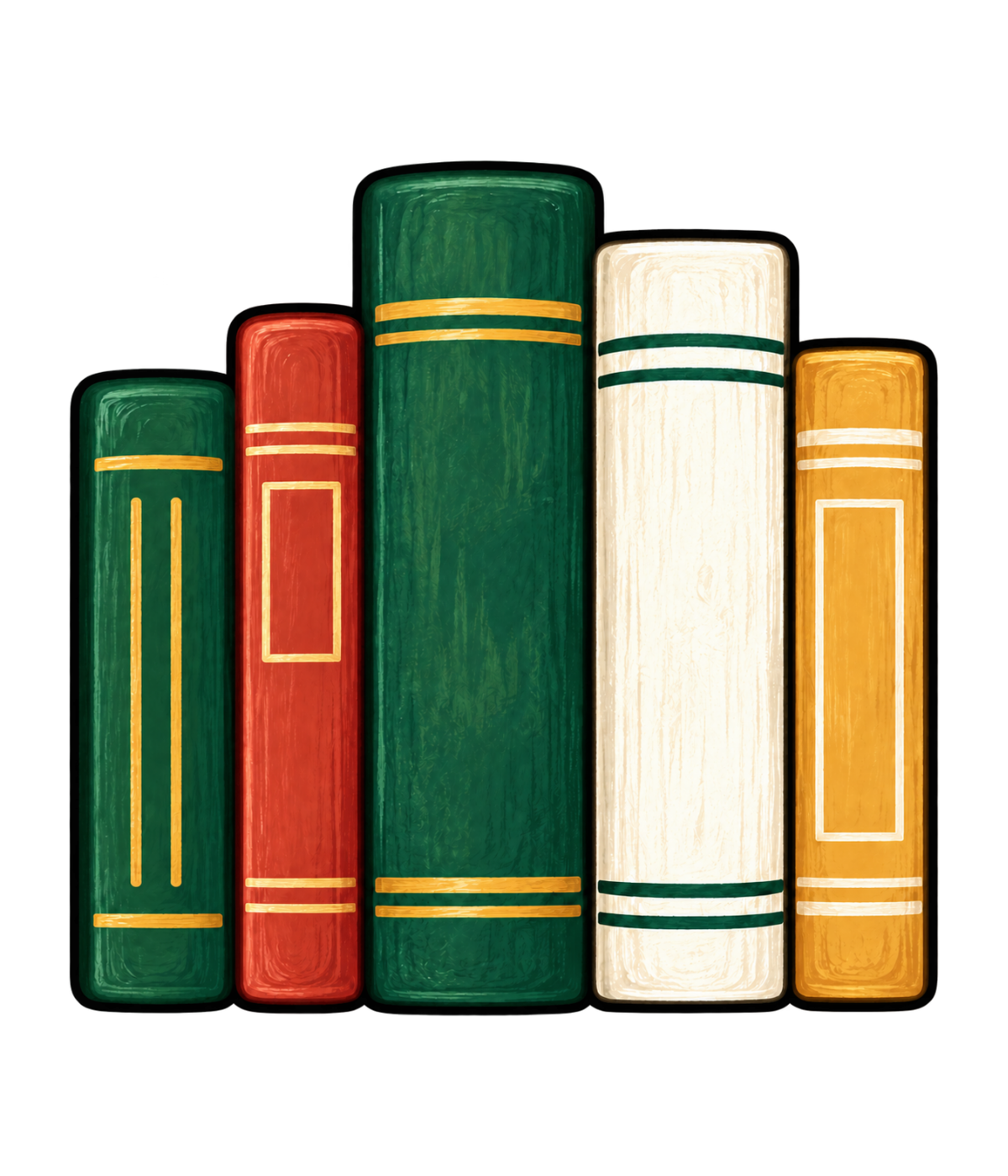 Row of upright books in green, red, cream, and gold