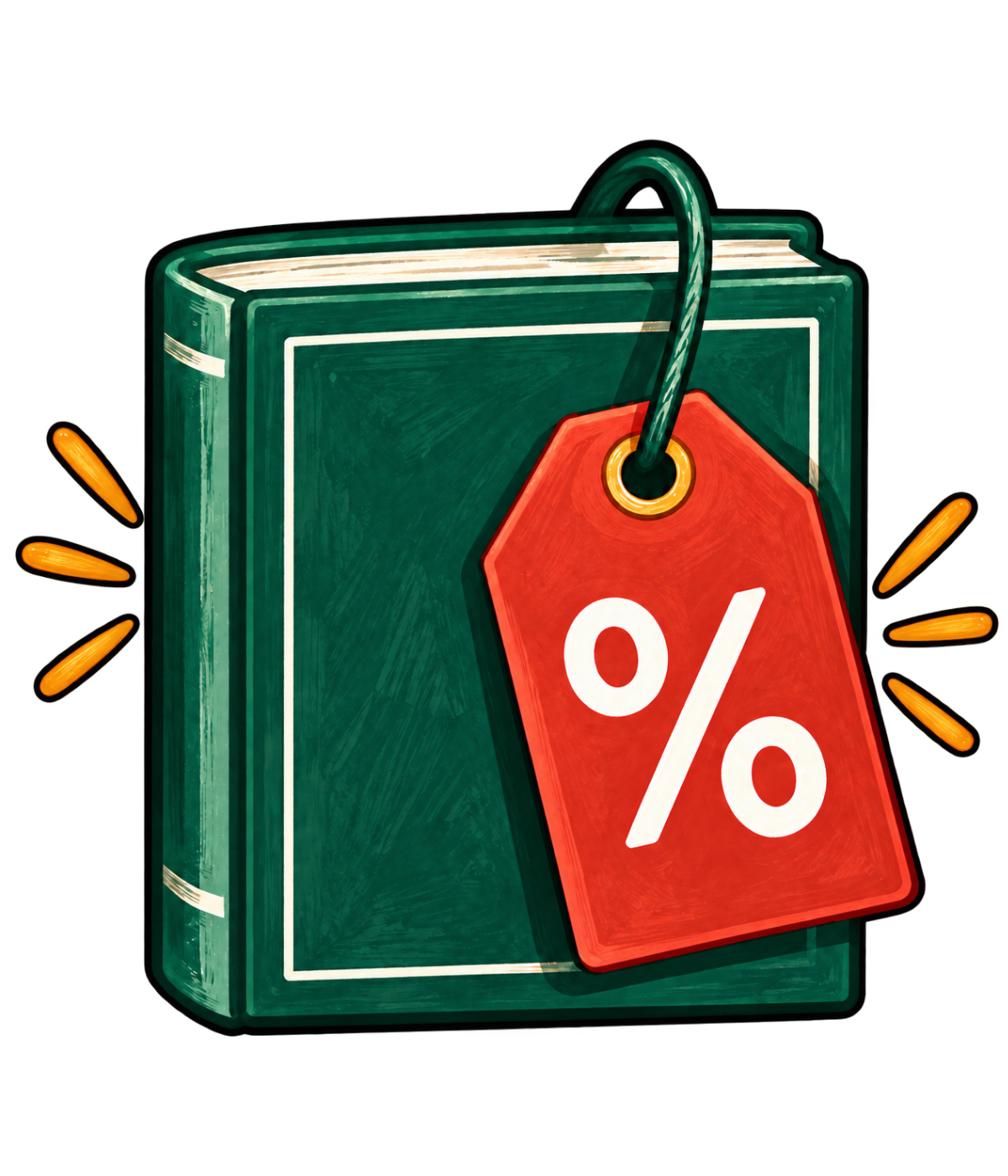 Green book with a red percent-sign price tag