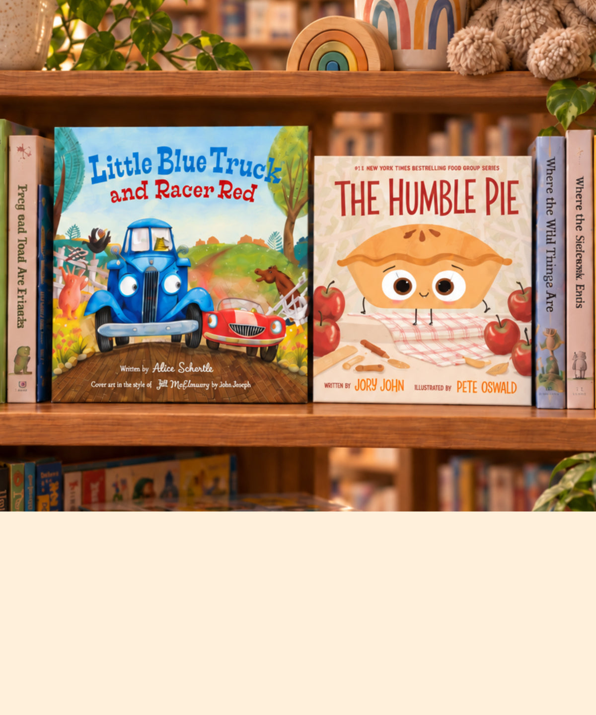 Children's picture books displayed on a cozy bookshelf.