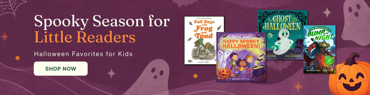 Spooky Season for Little Readers banner showing Halloween picture books for kids, surrounded by friendly ghosts and a smiling jack-o'-lantern. Shop now.