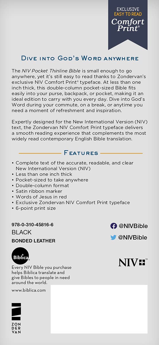 NIV, Pocket Thinline Bible, Red Letter Edition, Comfort Print