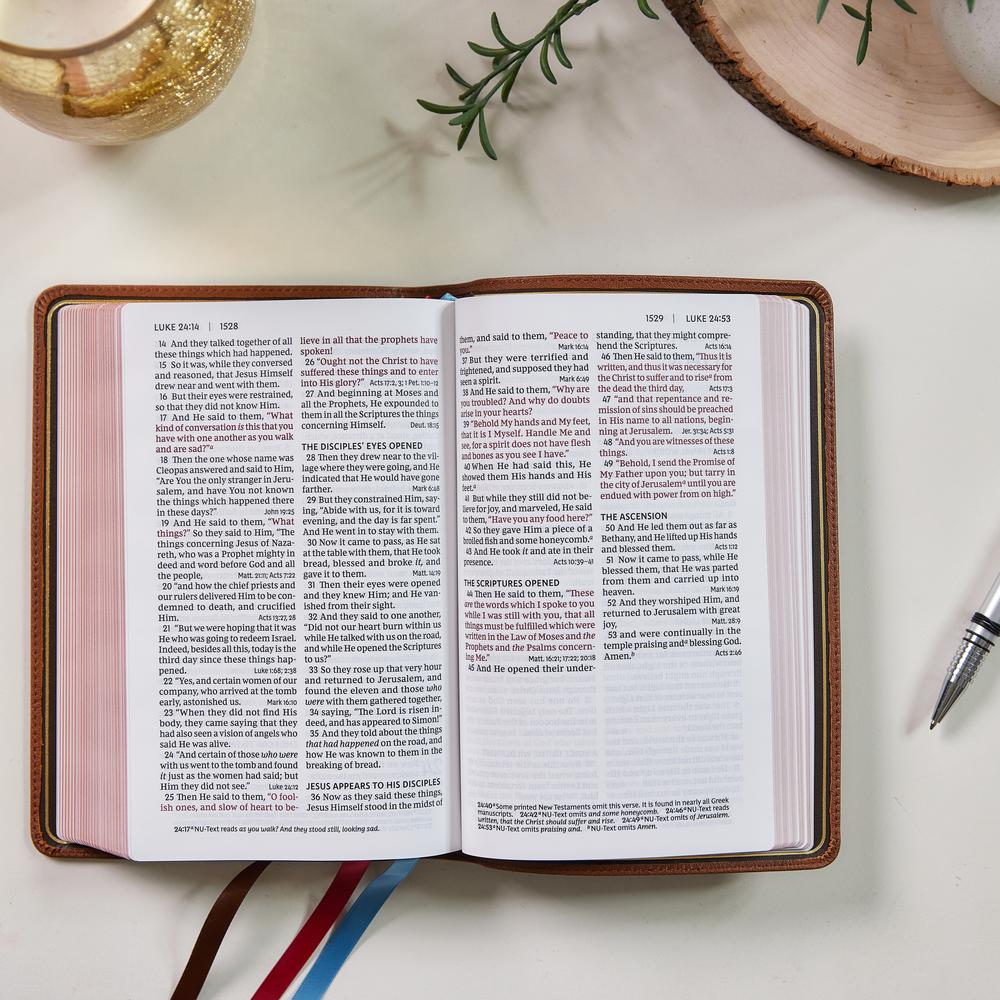 NKJV, End-of-Verse Reference Bible, Personal Size Large Print, Premium Goatskin Leather, Brown, Premier Collection, Red Letter, Comfort Print: Holy Bible, New King James Version