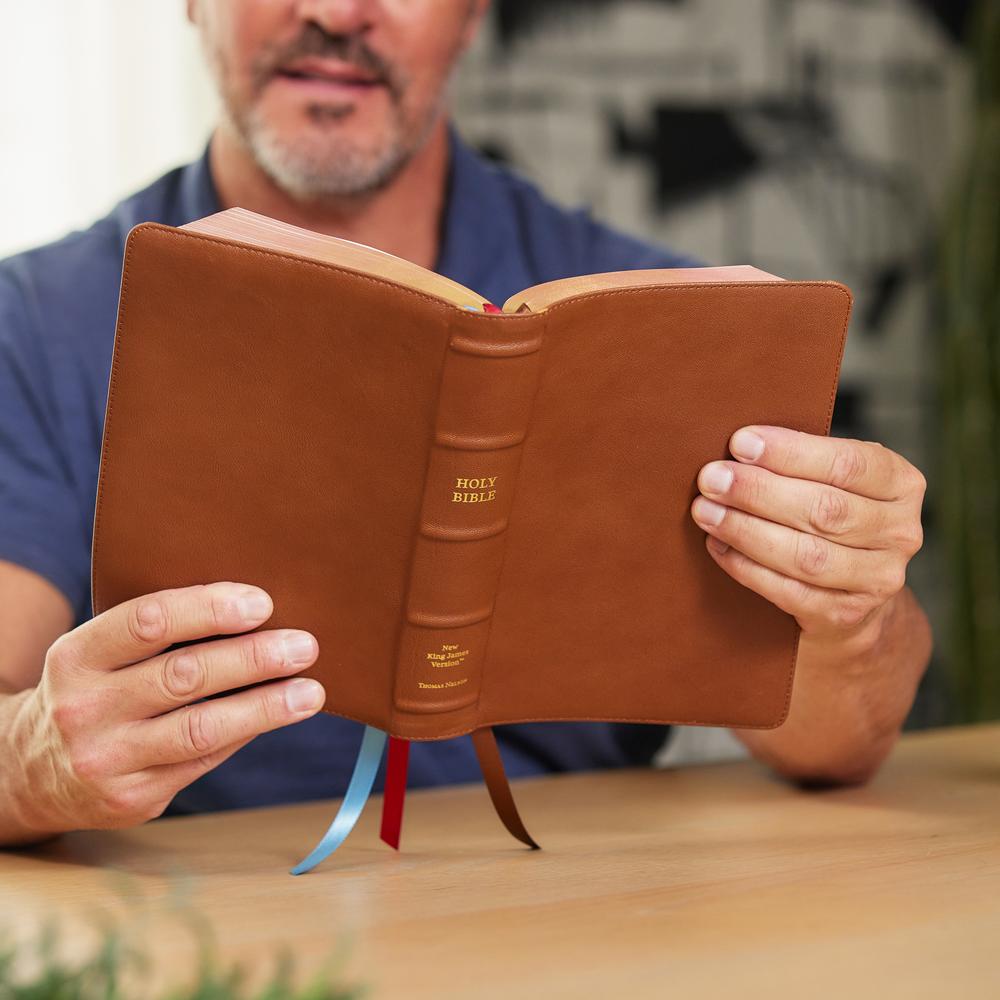 NKJV, End-of-Verse Reference Bible, Personal Size Large Print, Premium Goatskin Leather, Brown, Premier Collection, Red Letter, Comfort Print: Holy Bible, New King James Version