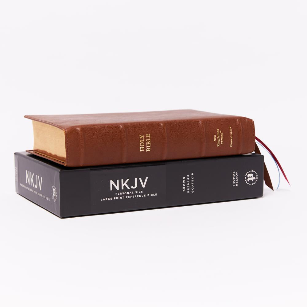 NKJV, End-of-Verse Reference Bible, Personal Size Large Print, Premium Goatskin Leather, Brown, Premier Collection, Red Letter, Comfort Print: Holy Bible, New King James Version