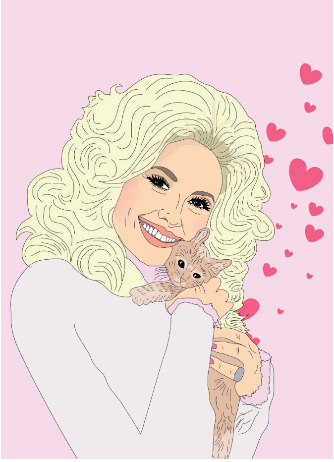Illustration of Dolly Parton snuggling a cat from the book Be More Dolly.